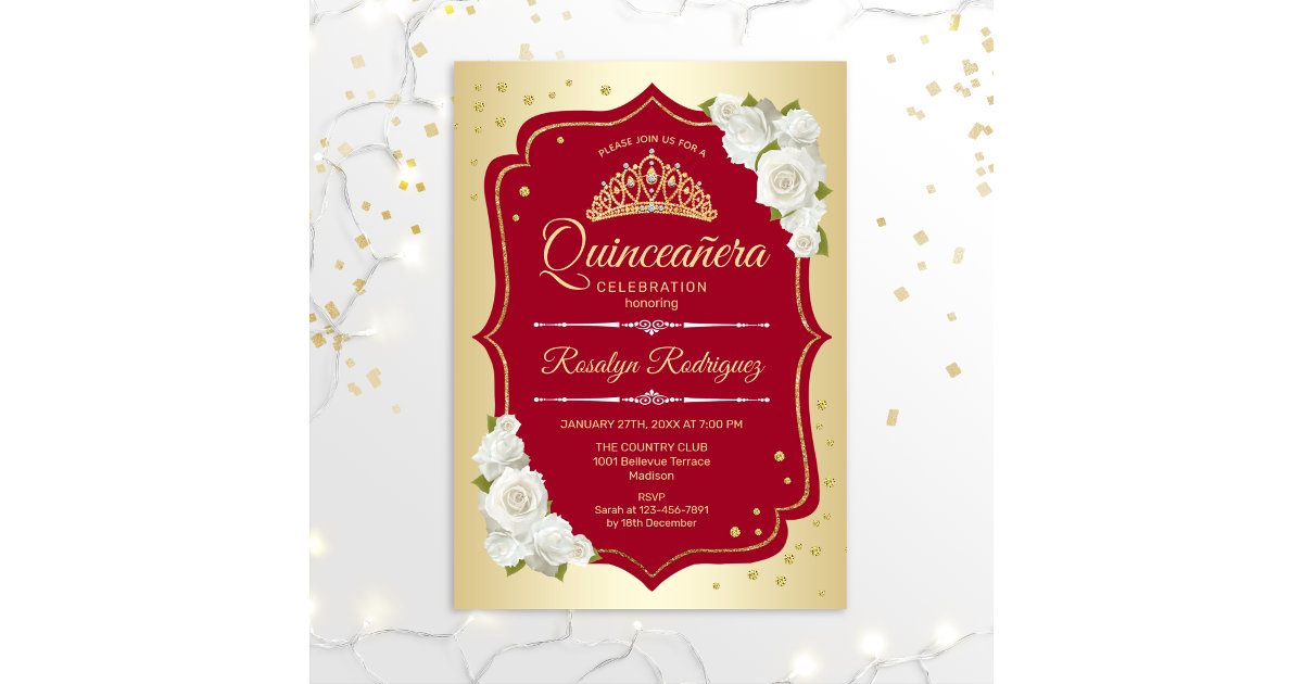 Gold and Red Quinceanera DIY Scroll Invitations