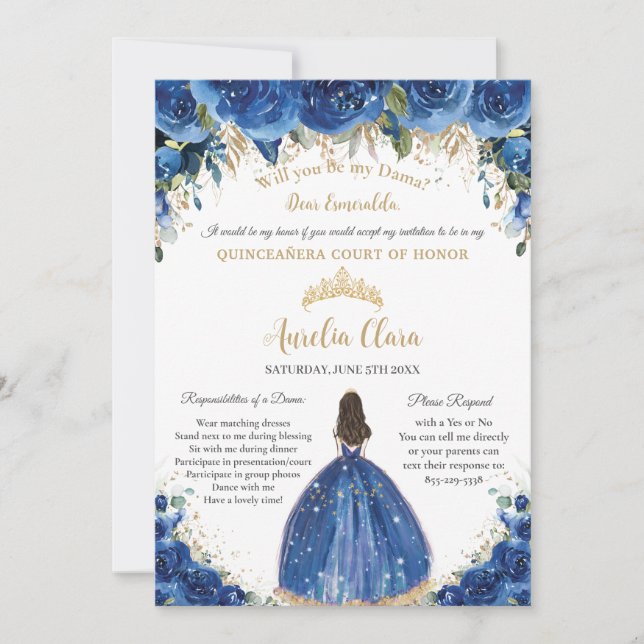 Quinceañera Gold Royal Blue Floral Dama Request  Invitation (Front)