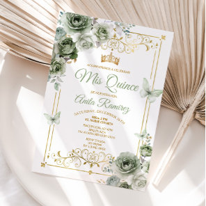 Quinceañera Gold & Sage Green Mexican Butterfly Invitation