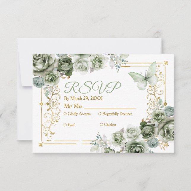 Quinceañera Gold & Sage Green Mexican Rsvp Card (Front)