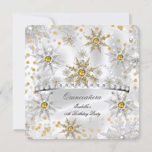 Quinceanera Gold Silver Snow Winter Wonderland Invitation