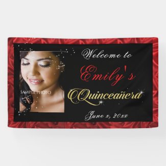 Quinceanera Gold Sparkle, Red Satin Custom Photo, Banner