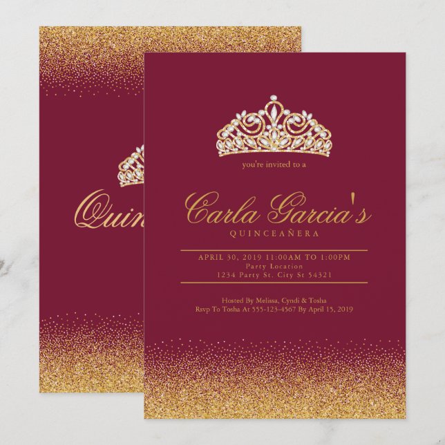 Quinceanera Gold & Sparling Invitations (Front/Back)