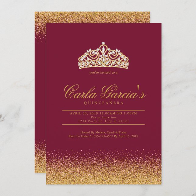 Quinceanera Gold & Sparling Invitations (Front/Back)