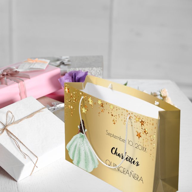 Quinceanera gold stars green dress large gift bag (Creator Uploaded)