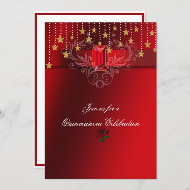 Quinceanera Gold Stars Red Ruby & Red Roses Invitation (Front/Back)