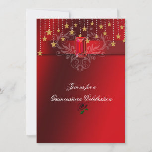 Quinceanera Gold Stars Red Ruby & Red Roses Invitation