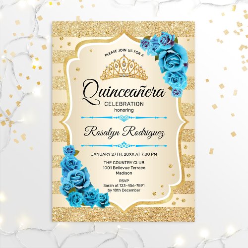 Quinceanera _ Gold Stripes Blue Invitation