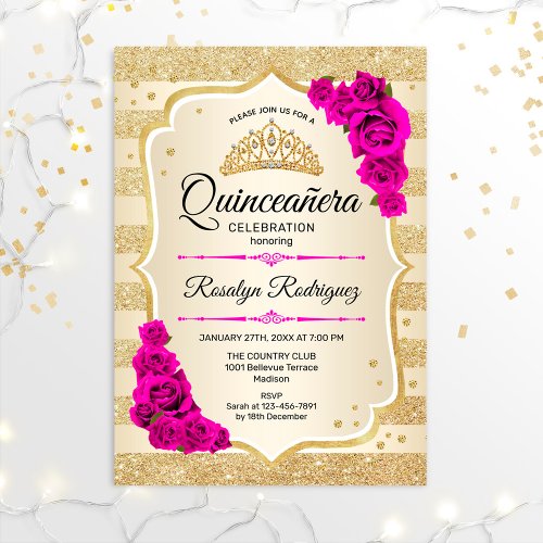Quinceanera _ Gold Stripes Pink Invitation