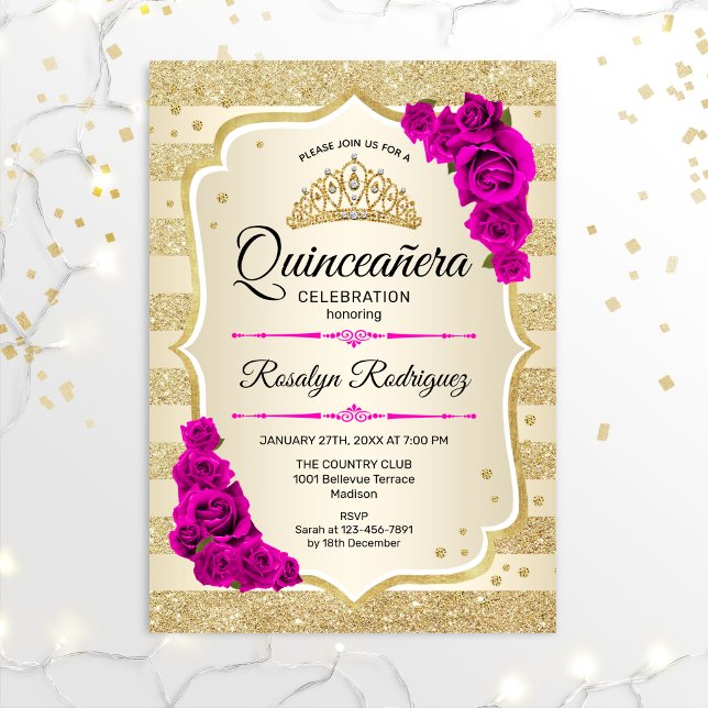 Quinceanera - Gold Stripes Pink Invitation