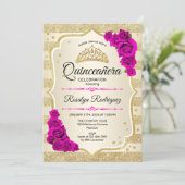 Quinceanera - Gold Stripes Pink Invitation (Standing Front)