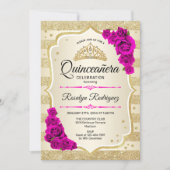 Quinceanera - Gold Stripes Pink Invitation (Front)