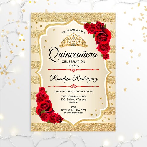Quinceanera _ Gold Stripes Red Invitation