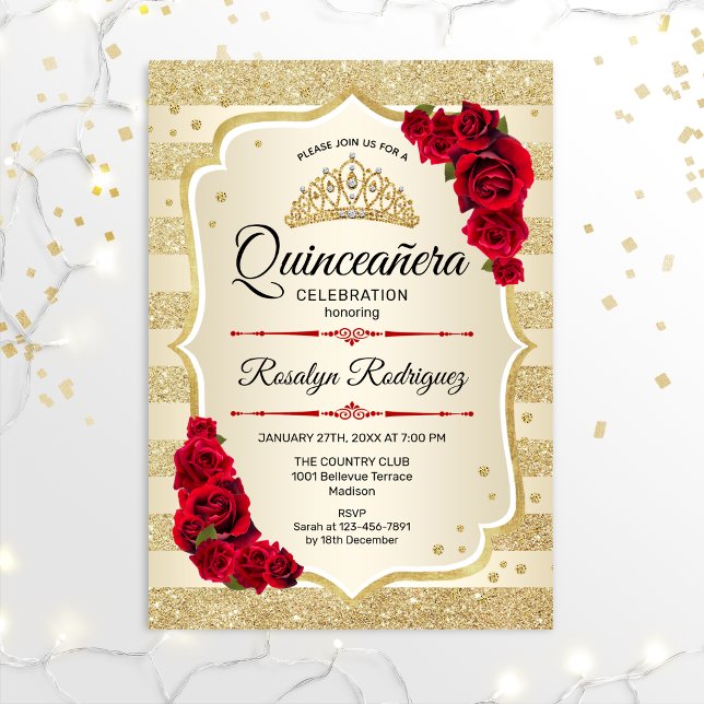 Quinceanera - Gold Stripes Red Invitation