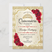 Quinceanera - Gold Stripes Red Invitation (Front)