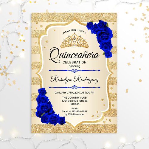 Quinceanera _ Gold Stripes Royal Blue Invitation