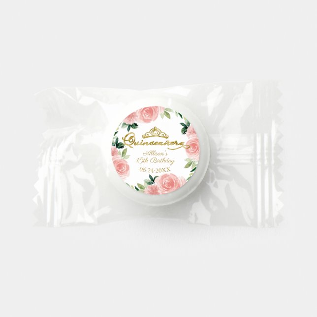 Quinceanera Gold Tiara Blush Floral Life Saver® Mints (Front)