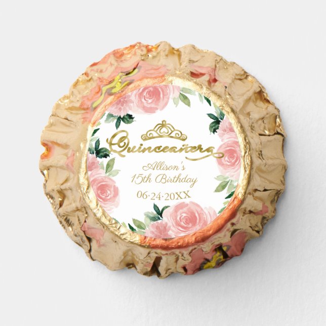 Quinceanera Gold Tiara Blush Floral Reese's Peanut Butter Cups (Front)