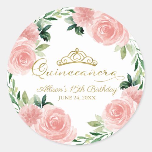 Quinceanera Gold Tiara Blush Pink Floral Classic R Classic Round Sticker