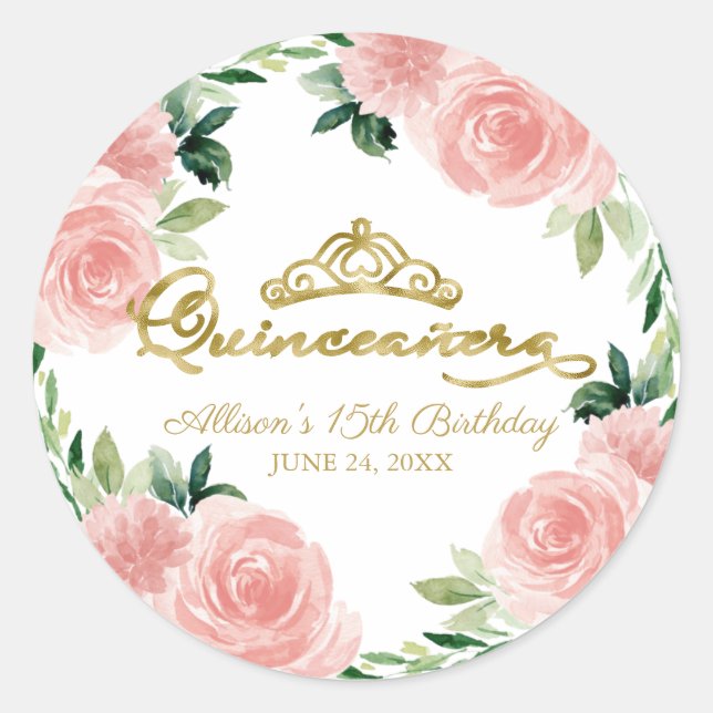 Quinceanera Gold Tiara Blush Pink Floral Classic Round Sticker (Front)