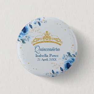 Quinceanera Gold Tiara Glitter and Blue Floral Button