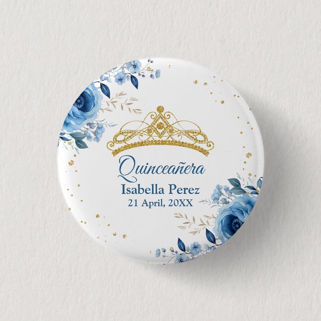 Quinceanera Gold Tiara Glitter and Blue Floral Button (Front)