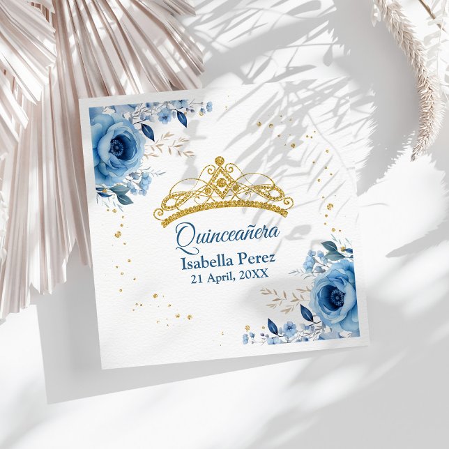 Quinceanera Gold Tiara Glitter and Blue Floral Napkins (Quinceanera Gold Tiara Glitter and Blue Floral Napkins on a sunny table with white boho dry flowers)