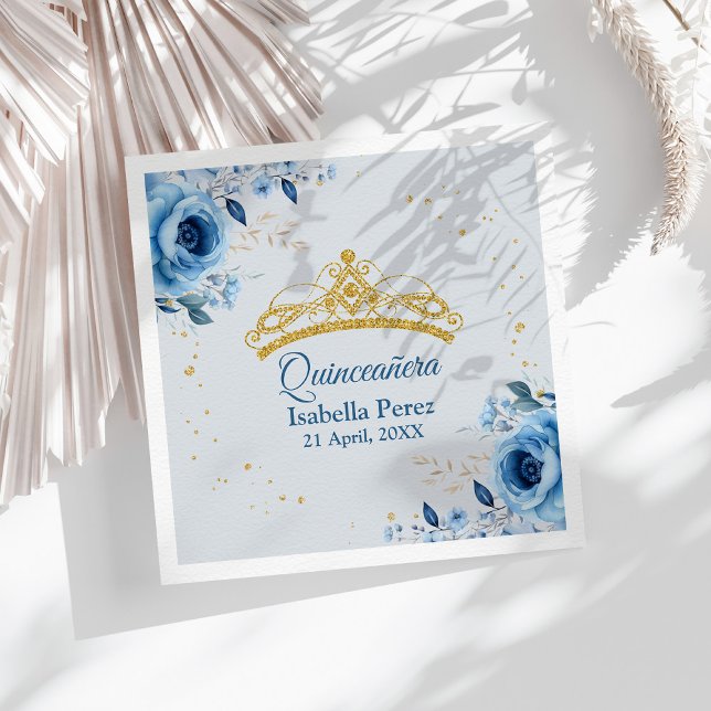Quinceanera Gold Tiara Glitter and Blue Floral Napkins (Quinceanera Gold Tiara Glitter and Blue Floral Napkins on a sunny table with white boho dry flowers)