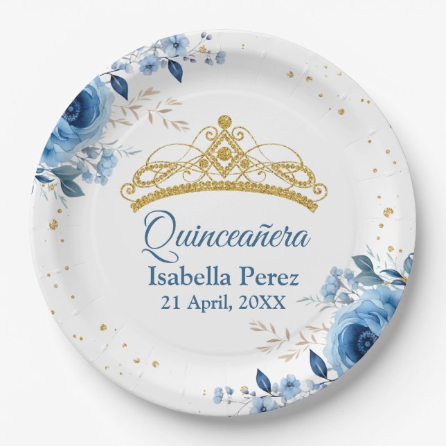 Quinceanera Gold Tiara Glitter and Blue Floral Paper Plates (Front)