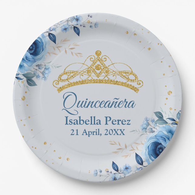 Quinceanera Gold Tiara Glitter and Blue Floral Paper Plates (Front)
