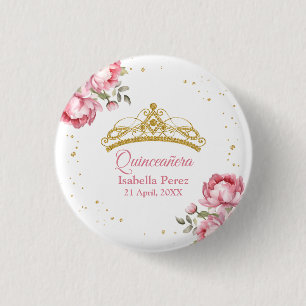 Quinceanera Gold Tiara Glitter and Pink Floral Button
