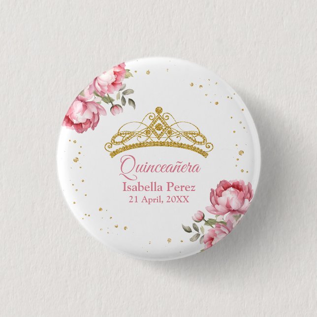 Quinceanera Gold Tiara Glitter and Pink Floral Button (Front)