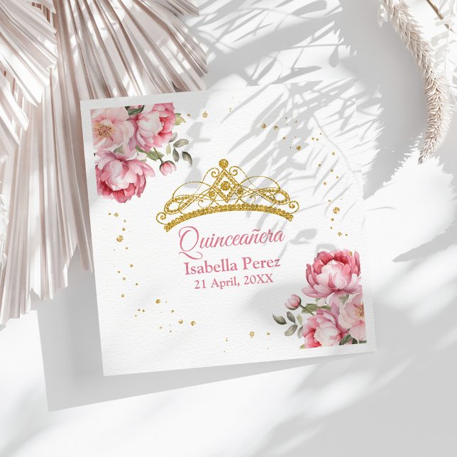Quinceanera Gold Tiara Glitter and Pink Floral Napkins (Quinceanera Gold Tiara Glitter and Pink Floral Napkins on a sunny table with white dry flowers.)