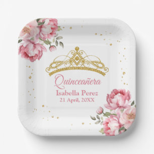 Quinceanera Gold Tiara Glitter and Pink Floral Paper Plates