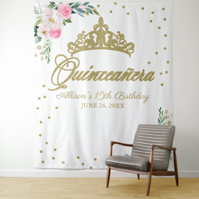 Quinceanera Gold Tiara Hot Pink Floral Backdrop (In Situ)