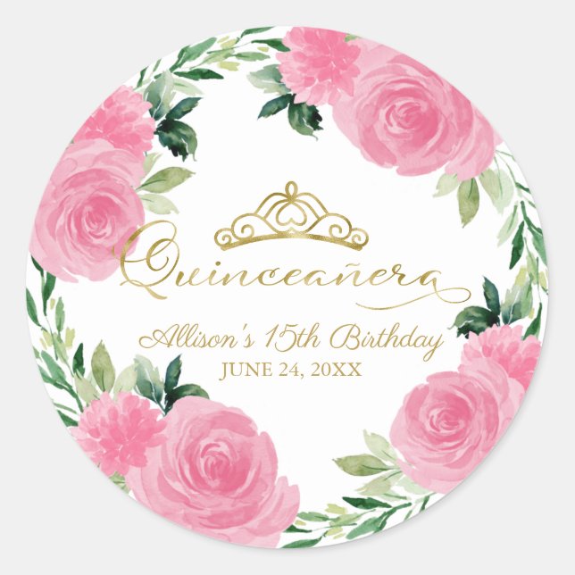 Quinceanera Gold Tiara Hot Pink Floral Classic Round Sticker (Front)