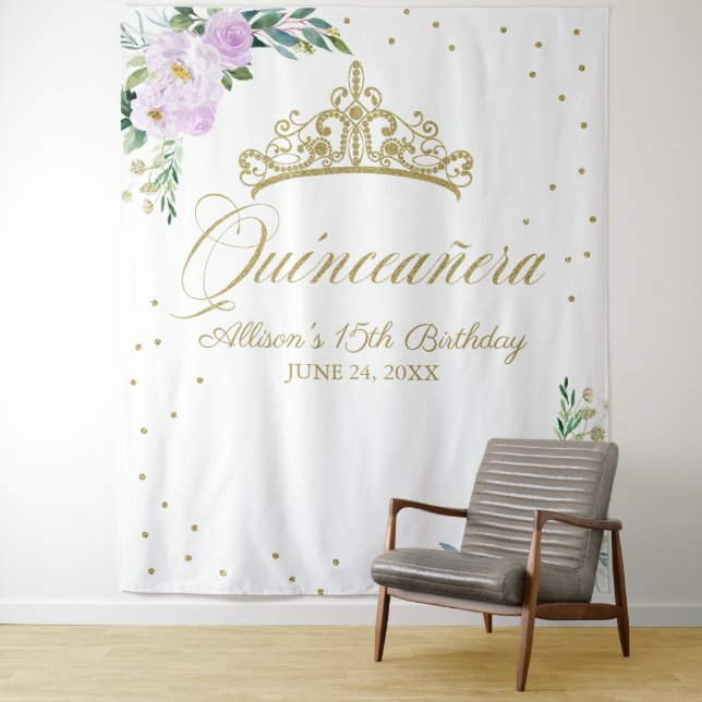 Quinceanera Gold Tiara Lilac Floral Backdrop (In Situ)