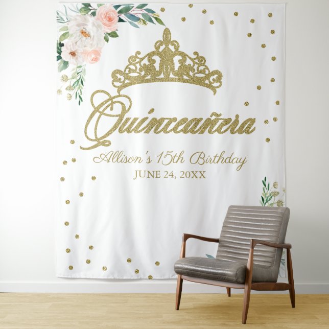 Quinceanera Gold Tiara Pink Floral Backdrop (In Situ)