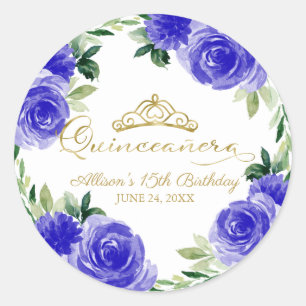 Quinceanera Gold Tiara Royal Blue Floral  Classic Round Sticker