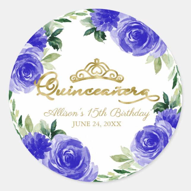 Quinceanera Gold Tiara Royal Blue Floral  Classic Round Sticker (Front)