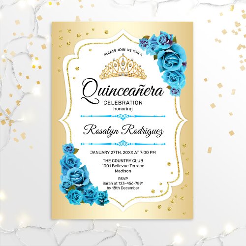 Quinceanera _ Gold White Blue Invitation