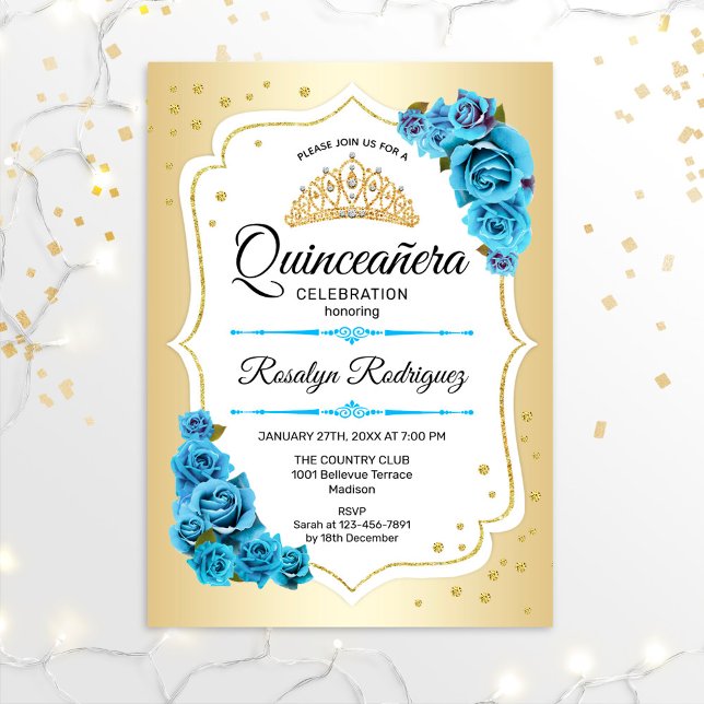 Quinceanera - Gold White Blue Invitation (Creator Uploaded)