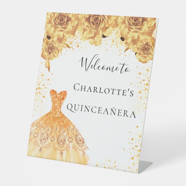Quinceanera gold white dress florals party welcome pedestal sign (Front)