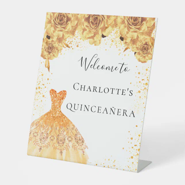 Quinceanera gold white dress florals party welcome pedestal sign | Zazzle