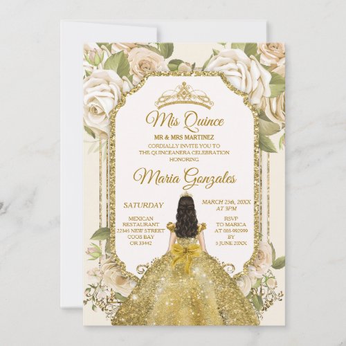 Quinceanera Gold  White Floral Birthday Crown Invitation