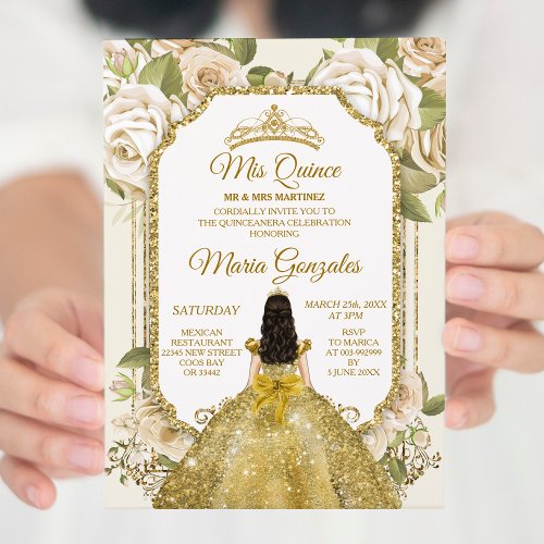 Quinceanera Gold  White Floral Birthday Crown Invitation