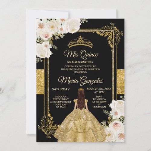 Quinceanera Gold  White Floral Birthday Crown Invitation