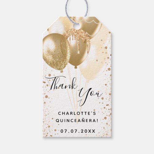 Quinceanera gold white glitter balloon thank you gift tags