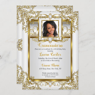 Quinceanera Gold White Pearl Damask Photo Birthday Invitation