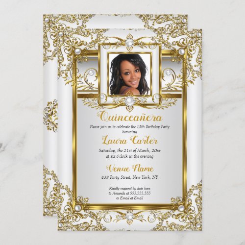 Quinceanera Gold White Pearl Damask Photo Birthday Invitation